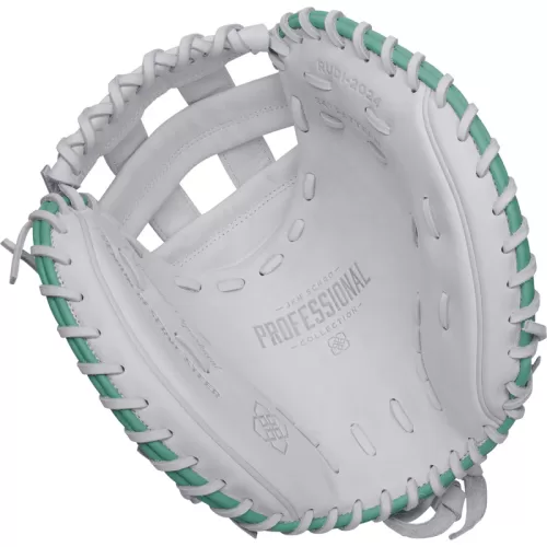 Easton x Jen Schro have teamed up again to bring you softball's premier catcher's mitt: the 2025 Easton Professional Collection Signature Series Jen Schroeder catcher's mitt! Meticulously crafted in a 34" pattern with a secure H-web, this glove features the same specs as Jen's personal model. The white shell is complemented by pops of teal and orange gradient details throughout to give this glove extra flair. Plus, each Professional Collection glove is made with premium USA steerhide leather and professional grade lace, allowing this glove to break in and hold its shape season after season. When you're behind the dish, you're only as good as your glove, so go with the Easton Professional Collection Signature Series Jen Schroeder catcher's mitt! Product Features: Jen Schroeder Signature Model Size: 34 inches H-Web Premium USA Steerhide Leather Classic Cowhide Palm Lining Pro Grade Laces White Leather w/ Teal and Orange accents Adjustable Fit Closure System