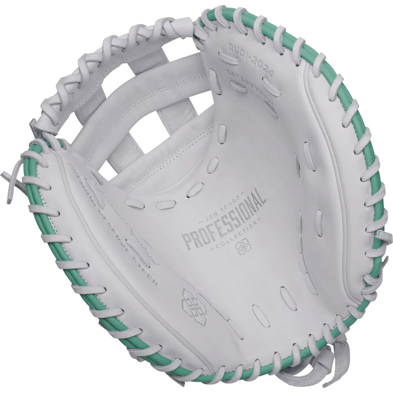 RUDI-2024_1_800x Easton x Jen Schro have teamed up again to bring you softball's premier catcher's mitt: the 2025 Easton Professional Collection Signature Series Jen Schroeder catcher's mitt! Meticulously crafted in a 34" pattern with a secure H-web, this glove features the same specs as Jen's personal model. The white shell is complemented by pops of teal and orange gradient details throughout to give this glove extra flair. Plus, each Professional Collection glove is made with premium USA steerhide leather and professional grade lace, allowing this glove to break in and hold its shape season after season. When you're behind the dish, you're only as good as your glove, so go with the Easton Professional Collection Signature Series Jen Schroeder catcher's mitt! Product Features: Jen Schroeder Signature Model Size: 34 inches H-Web Premium USA Steerhide Leather Classic Cowhide Palm Lining Pro Grade Laces White Leather w/ Teal and Orange accents Adjustable Fit Closure System